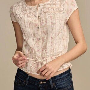 Lucky Brand Cream Floral Lace Inset Blouse Sz L